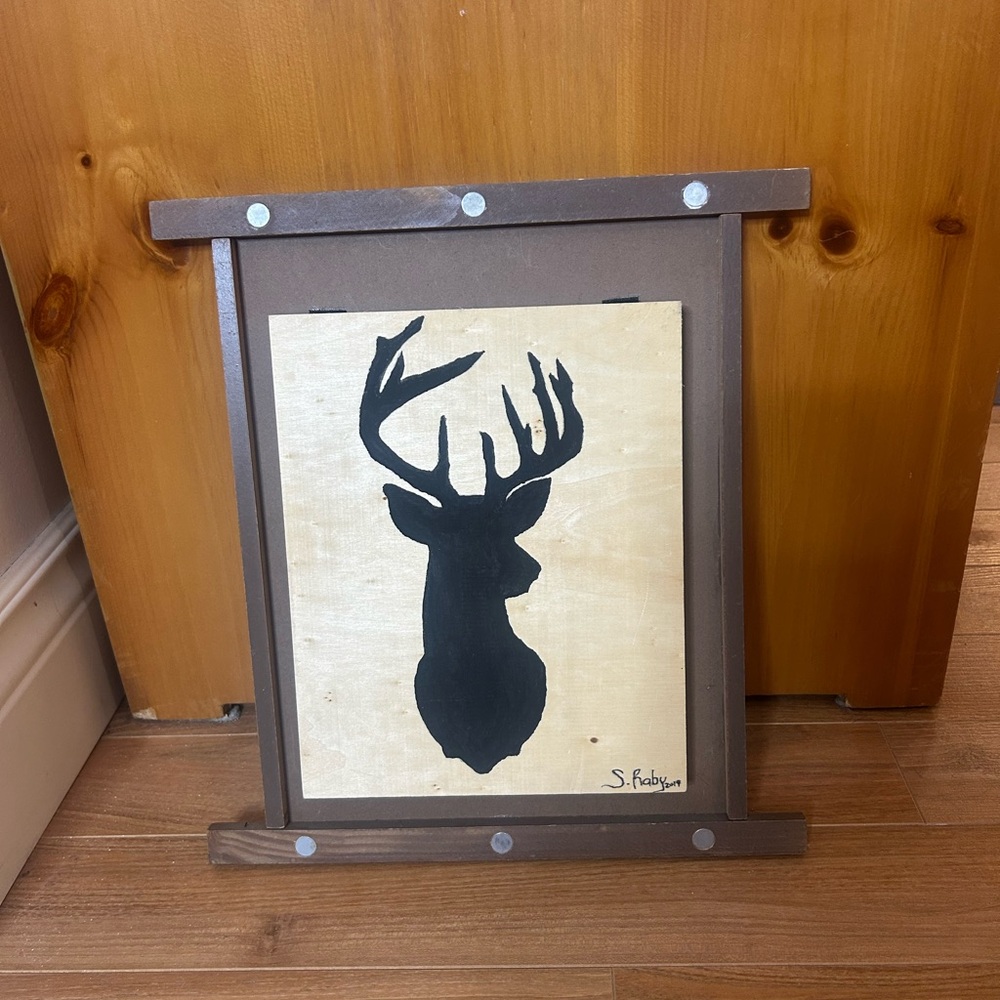 Beautiful Rustic Black Deer Silhouette Art Print wooden frame ❤️13x14
